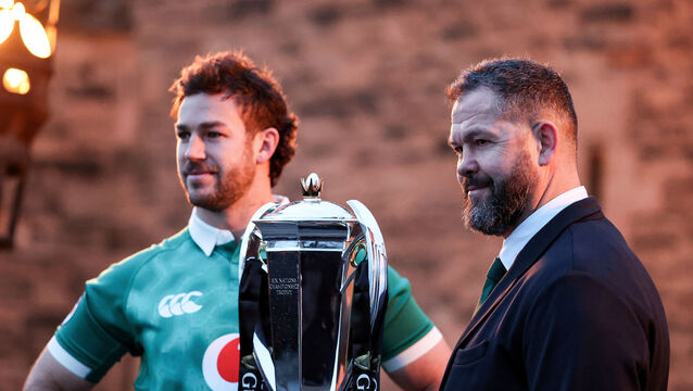 <p>Ireland's Caelan Doris and Head Coach Andy Farrell pictured beside the Six Nations trophy. Pic: Gary Carr/Inpho</p>
