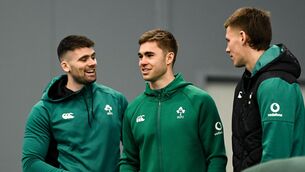 <p>Harry Byrne, left, Jack Crowley and Sam Prendergast during the Ireland team assembly day at the IRFU High Performance Centre in Dublin. Pic: Brendan Moran/Sportsfile</p>