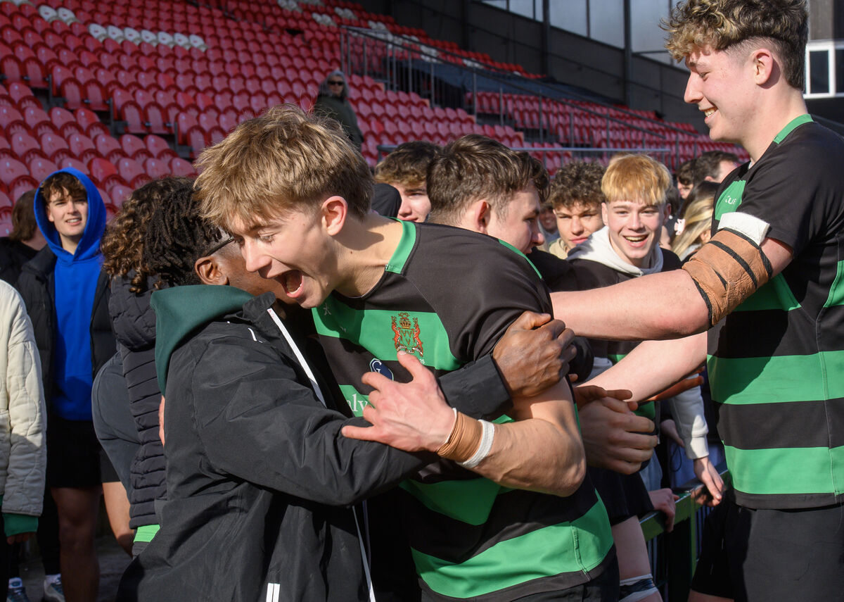 Players celebrate after a Junior Cup quarter-final win at Virgin Media Park. Pic: Dan Linehan