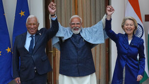 <p>Indian Prime Minister Narendra Modi, center, welcomes European Council President Antonio Costa, left and European Commission President Ursula von der Leyen before their meeting in New Delhi (Manish Swarup/AP)</p>