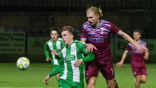 <p>BILLY THE KID: Bray Wanderers' Billy O'Neill clashes with Cobh Ramblers' Jonas Hakkinen. Pic: Howard Crowdy.</p>