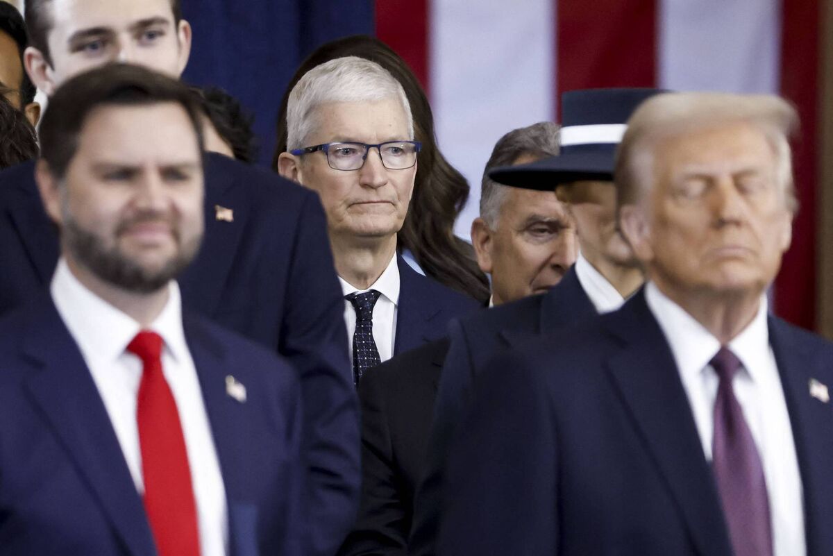 Apple CEO Tim Cook (centre) at the inauguration of US President Donald Trump (right) and US Vice President JD Vance (left) on January 20, 2025. Many of us, and indeed many Irish and European organisations rely on American cloud services such as Microsoft, Google, and Apple for email, calendars, and document storage. File photo: Shawn Thew/AFP