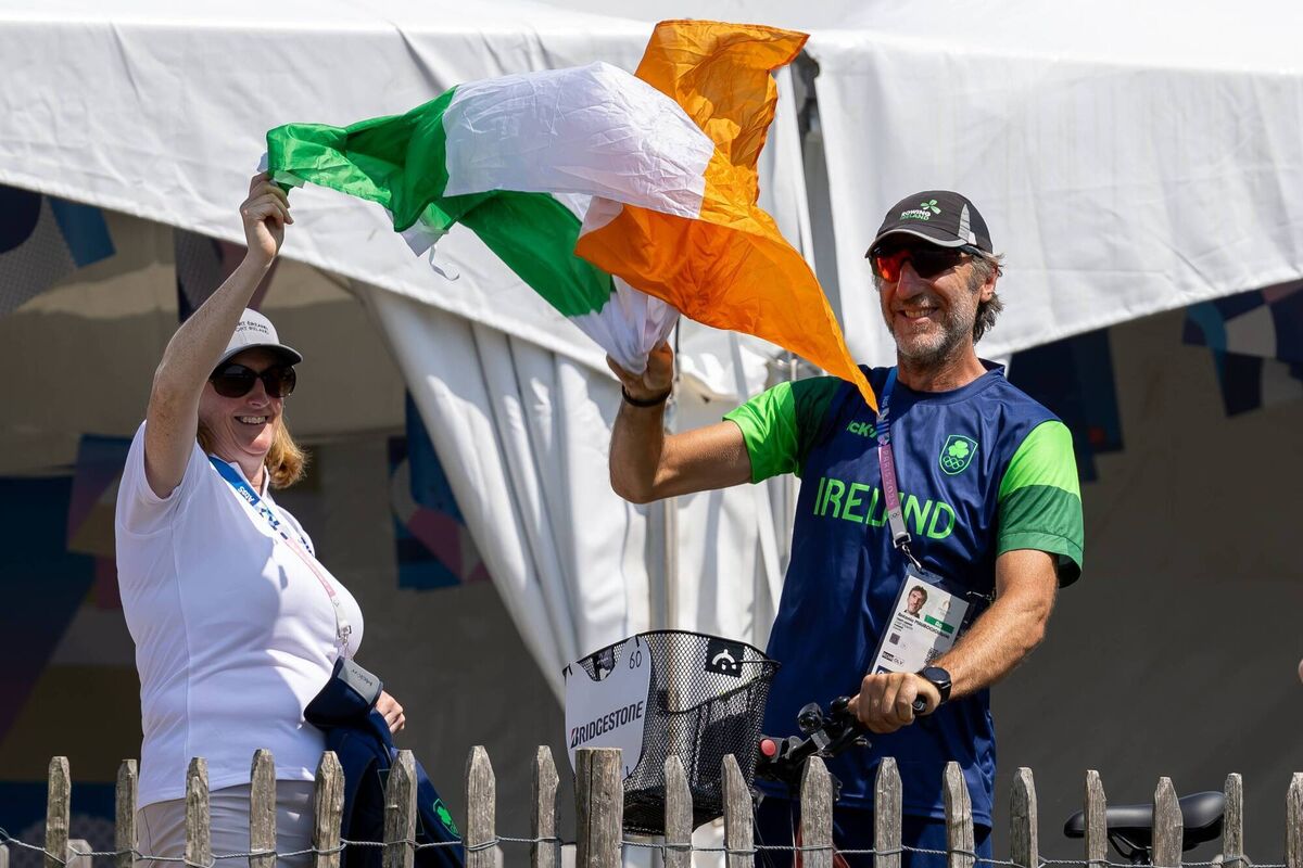Dr Una May, Chief Executive Officer Sport Ireland cheers on the Irish rowers with rowing coach Antonio Maurogiovanni. Pic: Morgan Treacy/Inpho