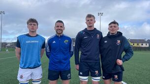 <p>Rockwell College captain Mateo Gutierrez with Castletroy College co-captains Ben O’Connell and Robbie O’Donnell, alongside referee Fergal Brislane.</p> <p>Rockwell College captain Mateo Gutierrez with Castletroy College co-captains Ben O’Connell and Robbie O’Donnell, alongside referee Fergal Brislane.</p>