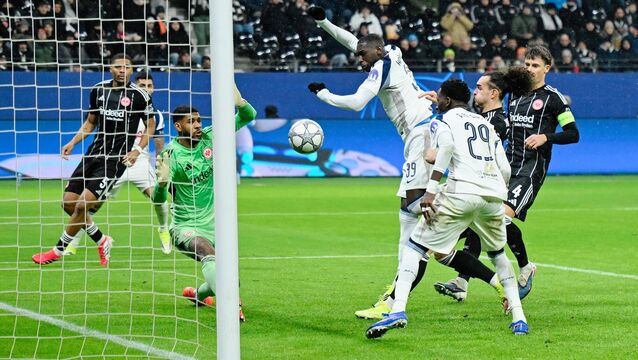 <p>Randal Kolo Muani scores in Tottenham’s 2-0 victory at Eintracht Frankfurt. Pic: DPA/PA</p>