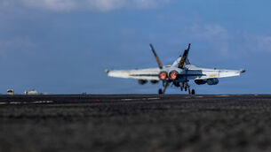 <p>EA-18G Growler launching from the flight deck of the Nimitz-class aircraft carrier USS Abraham Lincoln in the Indian Ocean. Picture: U.S. Navy via AP</p>