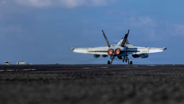 <p>EA-18G Growler launching from the flight deck of the Nimitz-class aircraft carrier USS Abraham Lincoln in the Indian Ocean. Picture: U.S. Navy via AP</p>