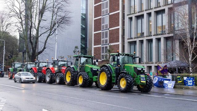 <p>Tractor convoy as part of the IFA protest outside the Bord Bia Dublin offices. Photo: Finbarr O'Rourke</p>