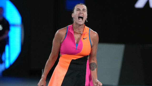 <p>Aryna Sabalenka yells during her win over Elina Svitolina. Pic: Dita Alangkara/AP</p>