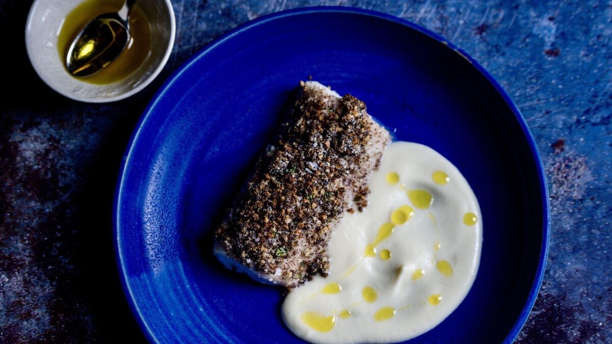 Black pudding crumbed hake with apple and celeriac