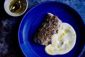 Black pudding crumbed hake with apple and celeriac
