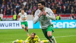 <p>Troy Parrott celebrates after scoring the winning goal against Hungary in Budapest. 	Picture: Ryan Byrne, INPHO</p>