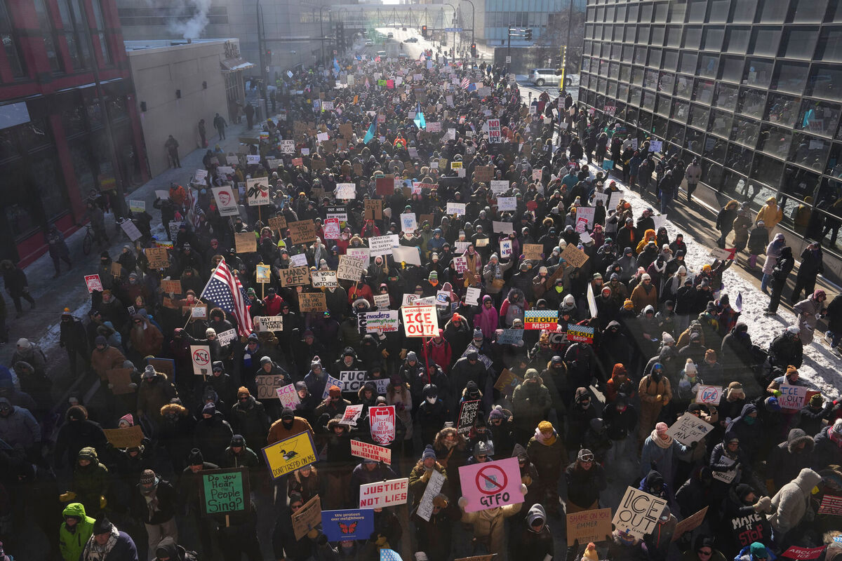 People protest against ICE in downtown Minneapolis, on Sunday, January 25. Picture: Adam Gray/AP