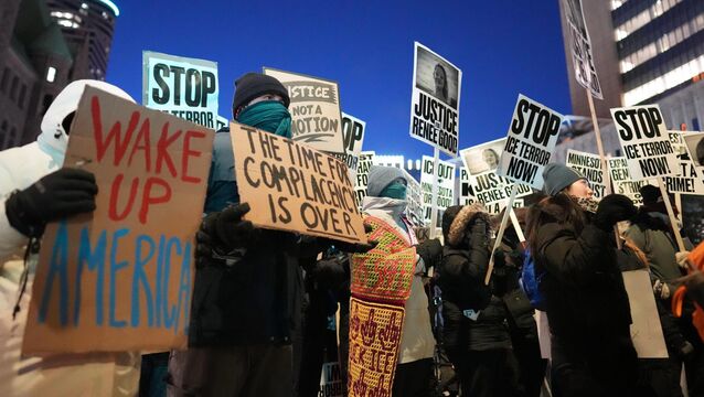 <p>Demonstrators gather during a rally against federal immigration enforcement at Federal Courthouse Plaza on Tuesday, January 27, in Minneapolis. Picture: Adam Gray/AP</p>