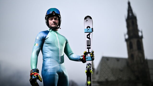 <p>ALL DOWNHILL FROM HERE: Team Ireland alpine skiier Cormac Comerford in Piazza Walther. Pic: David Fitzgerald/Sportsfile</p>