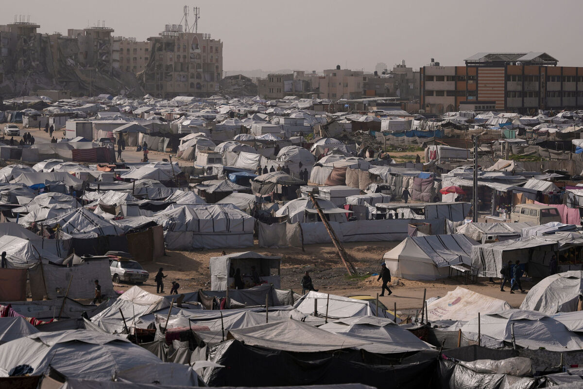 A makeshift camp for displaced Palestinians in Khan Younis, southern Gaza Strip, on Tuesday. EU member states are kept constantly abreast of the hellish conditions in which Palestinians are clinging to life. Photo: AP/Abdel Kareem Hana