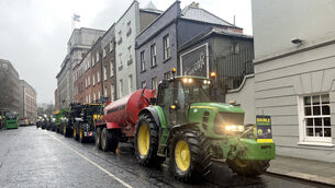 <p>Fifteen tractors park along Kildare St in Dublin near Leinster House as part of the Irish Farmers' Association's call for Bord Bia's chairman to resign. </p>