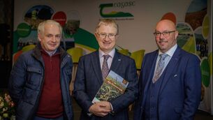 <p>From left: Richie Hackett, Teagasc crops research officer; Professor Frank O’Mara, Teagasc director; and John Spink, head of crops, environment and land use programme, Teagasc at the launch of the new Rye Growers Guide.</p>