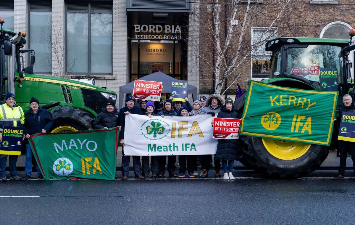 IFA members protest outside Bord Bia Offices in Dublin. Photo: Finbarr O'Rourke