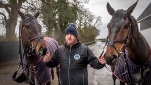 <p>Gordon Elliott with Brighterdaysahead and Romeo Coolio pictured at the launch of the 2026 Dublin Racing Festival. Pic: Inpho/Morgan Treacy</p>