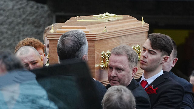 <p>The coffin is carried to the hearse following the funeral mass of 16-year-old Grace Lynch at St Oliver Plunkett's Church in Rivermount, Dublin. The teenager died when she was hit by a scrambler motorbike whilst walking in Finglas on Sunday. Picture date: Friday January 30, 2026. PA Photo. Photo credit should read: Brian Lawless/PA Wire</p>