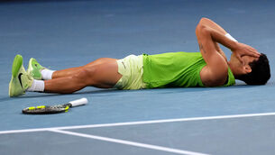 <p>Carlos Alcaraz lies on the court after beating Alexander Zverev. Pic: Dita Alangakra/AP</p> <p>Carlos Alcaraz lies on the court after beating Alexander Zverev. Pic: Dita Alangakra/AP</p>