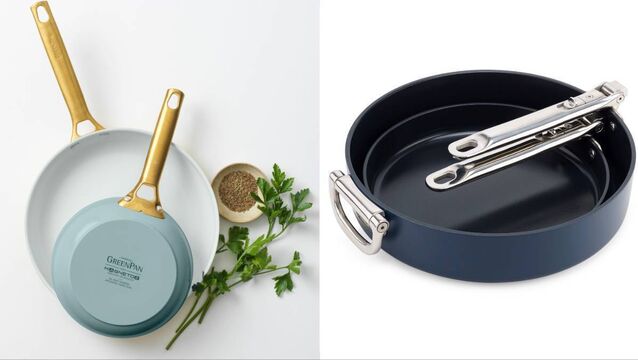 <p>The GreenPan Padova Reserve and the Joseph Joseph Space two-piece pan set.</p>