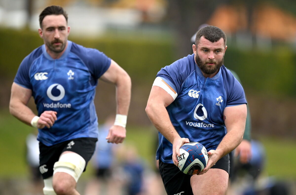 Michael Milne, right, and Jack Conan during an Ireland Rugby squad training. Pic: Brendan Moran/Sportsfile