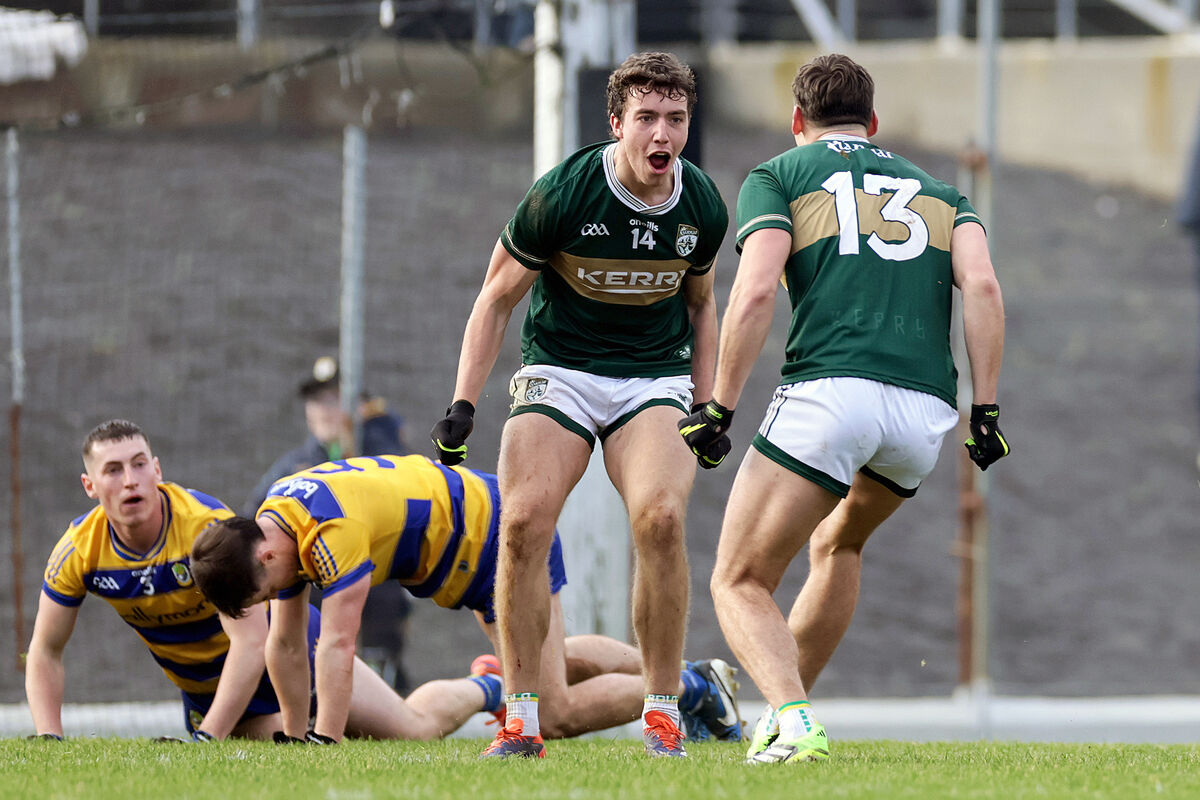 Kerry's Tomás Kennedy celebrates at the final whistle with David Clifford. Pic: Laszlo Geczo/Inpho