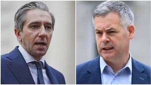 <p>Tánaiste Simon Harris and Sinn Féin finance spokesperson Pearse Doherty. Pictures: Brian Lawless/PA/Stephen Collins/Collins Photos</p>