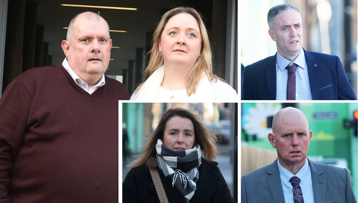 Clockwise from main picture: Retired superintendent Eamonn O'Neill and Sergeant Annmarie Hassett; Garda Colm Geary; Garda Tom McGlinchey; and Sergeant Michelle Leahy. All five were found not guilty of all charges in court this week after the ordeal they had endured.