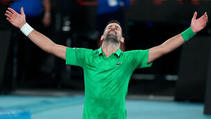 <p>Novak Djokovic celebrates his epic win over Jannik Sinner. Pic: Asanka Brendon Ratnayake/AP</p>
