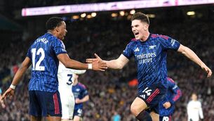 <p>Arsenal's Viktor Gyokeres (right) celebrates scoring his side's third goal</p>