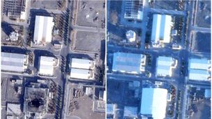 Left, the rubble of the Pilot Fuel Enrichment Plant at Iran’s Natanz nuclear enrichment site on December 3 2025 and, right, the satellite image taken on January 28 (Planet Labs PBC via AP)