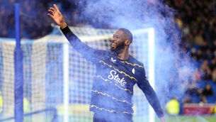 <p>Everton’s Beto celebrates the equaliser. Pic: Adam Davy/PA</p>