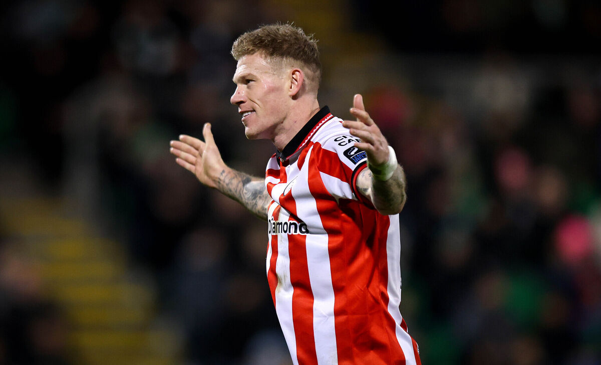 Derry’s James McClean celebrates his side’s first goal in front of Rovers' fans. Pic: Ryan Byrne/Inpho