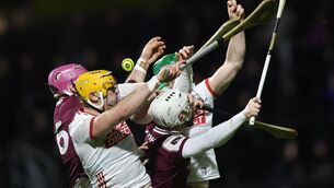 <p>Galway’s Cillian Trayers and Joshua Ryan with Séamus Harnedy and Declan Dalton of Cork. Pic: James Crombie/Inpho</p>
