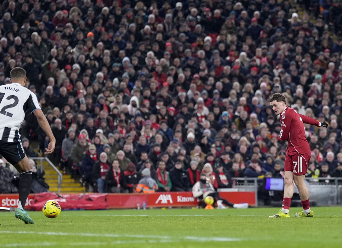 Florian Wirtz scores Liverpool's third of the night. Pic: Peter Byrne/PA