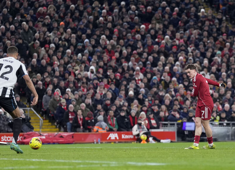 Florian Wirtz scores Liverpool's third of the night. Pic: Peter Byrne/PA