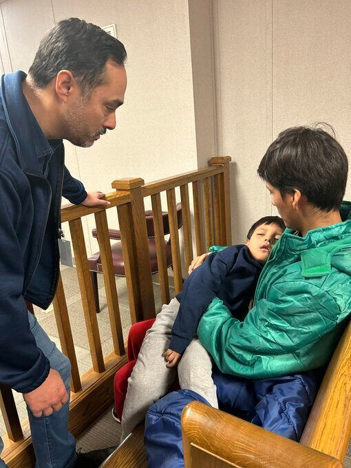 In this image provided by U.S. Rep. Joaquin Castro, Castro, left, visits with 5-year-old Liam Conejo Ramos and his father, Adrian Alexander Conejo Arias, at the South Texas Family Residential Center in Dilley, Texas, Wednesday, Jan. 28. 2026. (Rep. Joaquin Castro via AP) In this image provided by U.S. Rep. Joaquin Castro, Castro, left, visits with 5-year-old Liam Conejo Ramos and his father, Adrian Alexander Conejo Arias, at the South Texas Family Residential Center in Dilley, Texas, Wednesday, Jan. 28. 2026. (Rep. Joaquin Castro via AP)