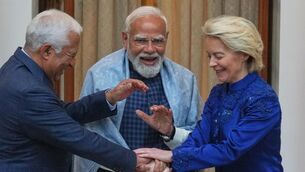 <p> European Council oresident Antonio Costa with Indian prime minister Narendra Modi and European Commission president Ursula von der Leyen in New Delhi. The new EU-India trade deal offers promising alternatives to some Irish sectors. Picture: AP Photo/Manish Swarup</p>