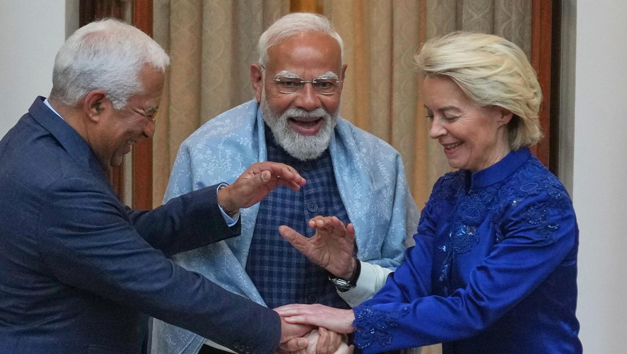  European Council oresident Antonio Costa with Indian prime minister Narendra Modi and European Commission president Ursula von der Leyen in New Delhi. The new EU-India trade deal offers promising alternatives to some Irish sectors. Picture: AP Photo/Manish Swarup