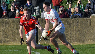 <p> Cork's Chris Óg Jones and Louth's Donal McKenny in action during their Allianz Football League tie in Drogheda. Pic: Moya Nolan</p>