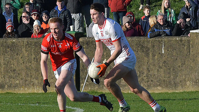 <p> Cork's Chris Óg Jones and Louth's Donal McKenny in action during their Allianz Football League tie in Drogheda. Pic: Moya Nolan</p>