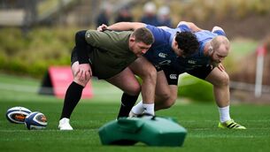 <p>Tadhg Furlong, left, Tom Stewart and Jeremy Loughman during training at Quinta do Lago. Pic: Brendan Moran/Sportsfile</p> <p>Tadhg Furlong, left, Tom Stewart and Jeremy Loughman during training at Quinta do Lago. Pic: Brendan Moran/Sportsfile</p>