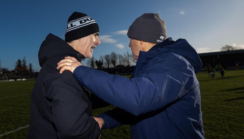 Donegal manager Jim McGuinness, left, shakes the hand of Kerry’s manager Jack O’Connor after the game. Pic: James Crombie/Inpho