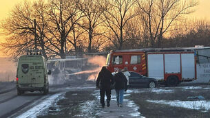 The drone attack on the Ukrainian city hit a bus carrying mineworkers, emergency services said (Ukrainian Emergency Service via AP) The drone attack on the Ukrainian city hit a bus carrying mineworkers, emergency services said (Ukrainian Emergency Service via AP)