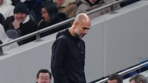 <p>Pep Guardiola looks downbeat during Manchester City’s 2-2 draw at Tottenham. Pic: Bradley Collyer/PA</p>