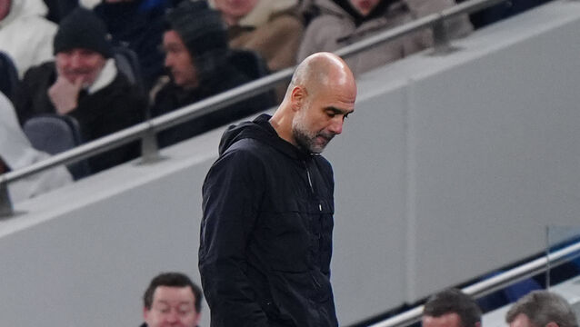 <p>Pep Guardiola looks downbeat during Manchester City’s 2-2 draw at Tottenham. Pic: Bradley Collyer/PA</p>