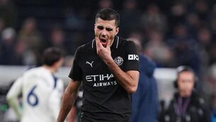 <p>UNFAIR: Manchester City’s Rodri at the final whistle.</p>